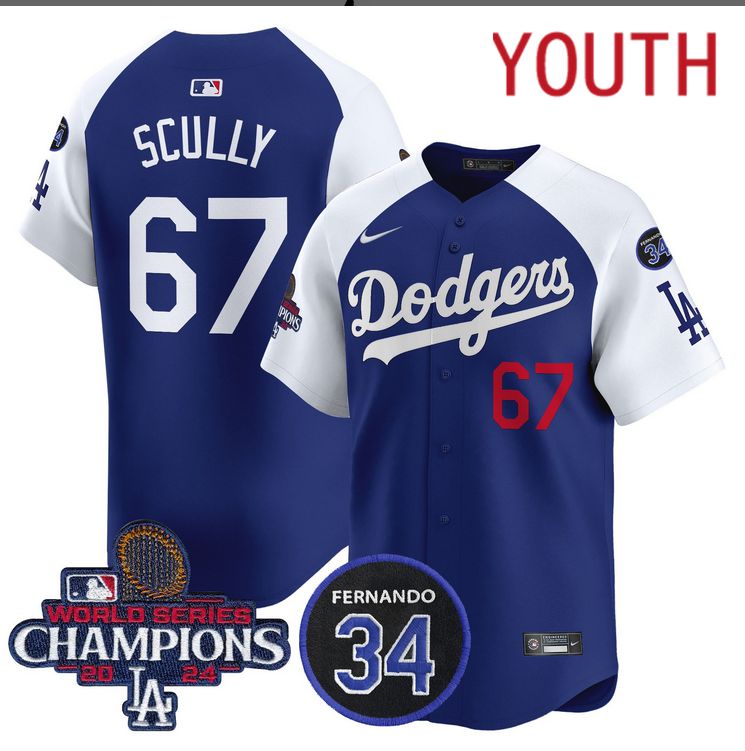Youth MLB Los Angeles Dodgers 67 Scully blue 2024 World Series Champions Patch Limited Jersey